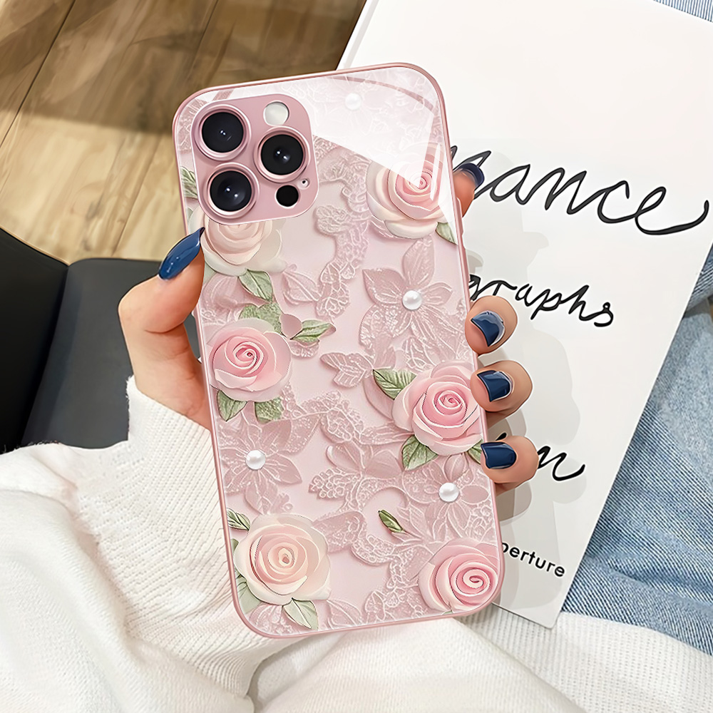 Vase Decor - Pembe Çiçekli Temperli Cam Telefon Kılıfı