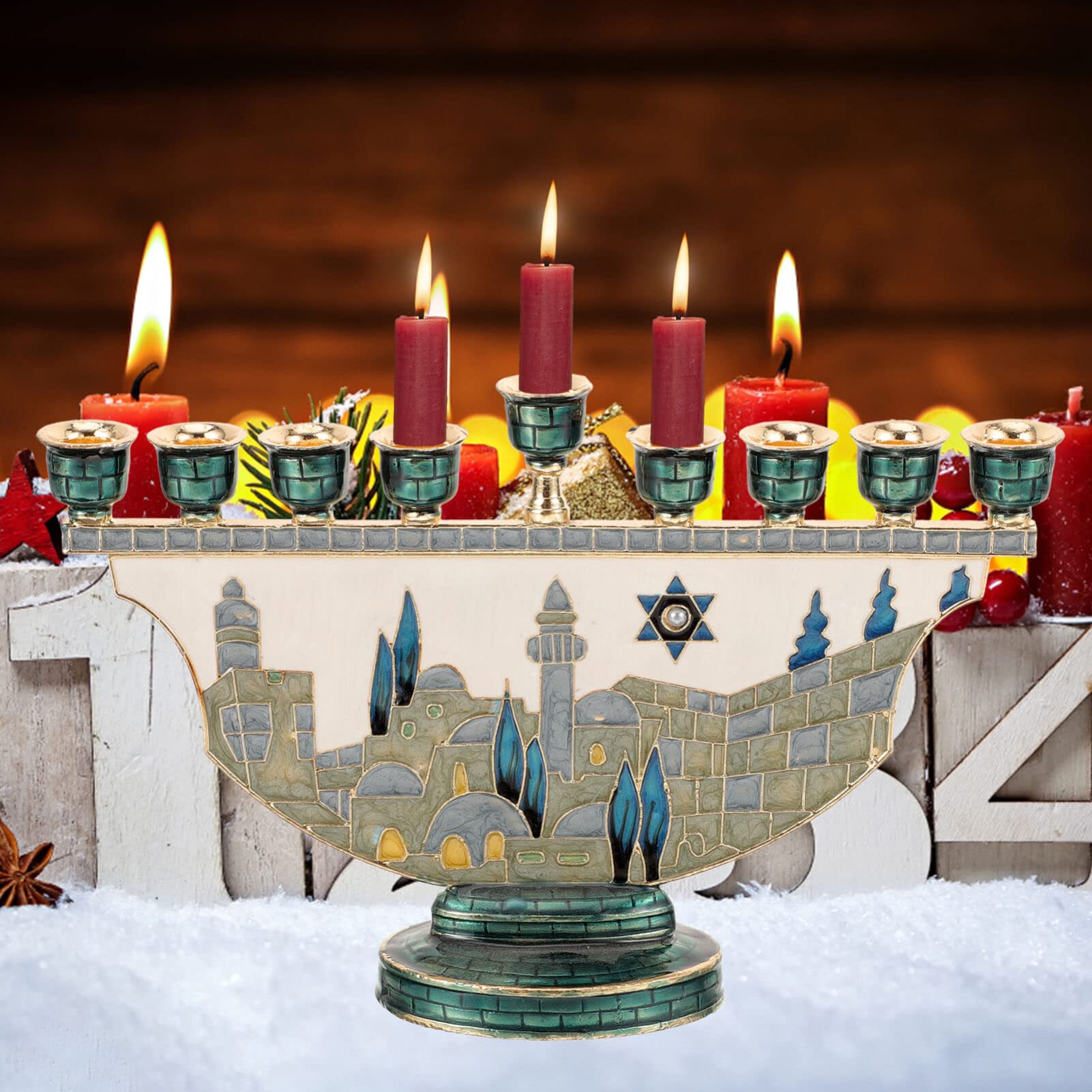 Candle Holder Decor - Kudüs Menora Hanuka Mumluk 9 Kollu